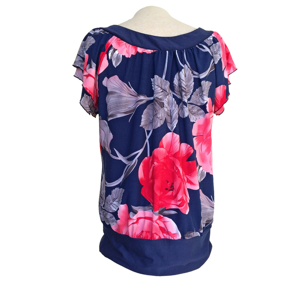 Majora Navy Blue Pink Rose Floral Ruffle T-shirt L - Picture 2 of 4